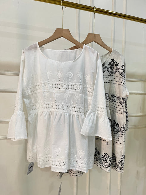 Cotton Embroidered Peplum Tiered Tops